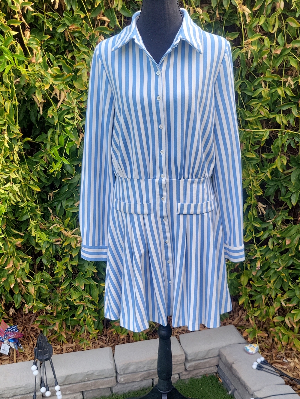 English Factory Blue & White Vertical Stripe Long Sleeve Shirt Dress